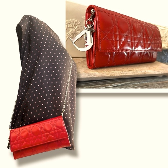 Dior Handbags - Lady Dior Cannage Quilted Cherry Red Patent Leather Calfskin Wallet Bag & Chain